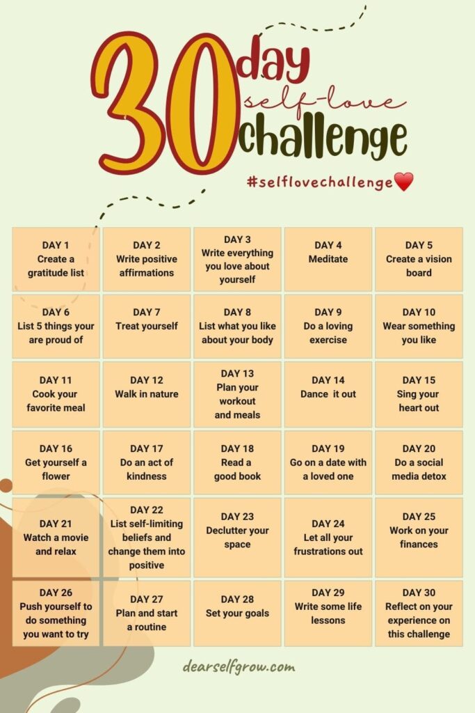 30Day Selflove Challenge Love Yourself More. Dear Self, Grow.